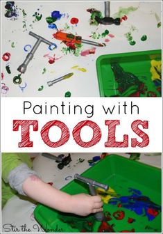 a toddler is painting with tools in the process of making an art project for kids