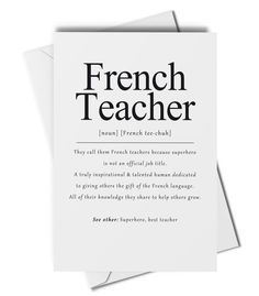 two greeting cards with the words french teacher written in black and white on top of each card