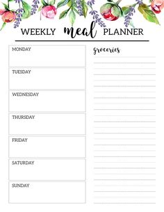 the weekly meal planner is shown with flowers and leaves on it, as well as an empty