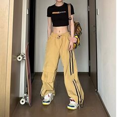 Gidyq Streetwear Women Stripe Cargo Pants Summer Fashion Big Pocket Loose Wide Leg Pants Y2K High Cargo Pants Summer, Draped Pants, Hip Hop Trousers, Vintage Velvet Dress, Loose Wide Leg Pants, Drape Pants, Striped Pant, Casual Cargo Pants, Pants Y2k