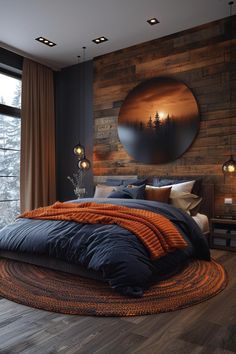 a bedroom with wood paneled walls and a large round rug on the floor in front of the bed