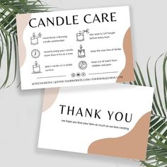 two cards with the words candle care and thank you written on them next to some palm leaves