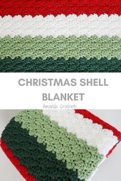 the crocheted christmas shell blanket is shown in red, green and white stripes