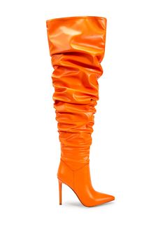 side view of orange faux leather over the knee stiletto boots with a pointed toe and ruched detail Adagio Dazzle, Thigh High Boots Outfit, Styling Boots, Orange Boots, Platform Combat Boots, High Boots Outfit, Azalea Wang, How To Stretch Boots, Sandals For Sale