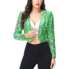 Add a touch of glamour to your outfit with the Anna-Kaci Women's Sequin Bedazzled Long Sleeve Bolero, featuring shimmering sequins and adjustable spaghetti straps for a customizable fit. This dazzling bolero is perfect for pairing with a fitted skirt, skinny jeans, or any bottoms, making it a versatile addition to your wardrobe. Womens Tailored Suit, Sleeve Bolero, Sparkly Party, Corset Vest, Cropped Blazer Jacket, Denim Corset, Shrug Cardigan, Open Front Jacket, Cropped Blazer