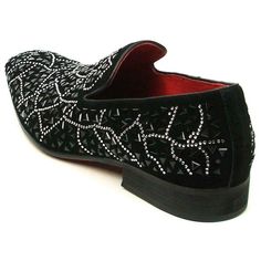 Fiesso Black Suede Black Rhinestones Formal Entertainer Slip on Shoes FI 7415 Suede with Leather combination Cushioned insole Red Bottoms Sole Black and Silver Rhinestones Slip-on Loafers Black Party Loafers With Branded Insole, Evening Loafers With Rhinestones And Round Toe, Party Loafers With Rhinestones And Round Toe, Evening Rhinestone Round Toe Loafers, Black Formal Loafers With Rhinestones, Party Loafers With Rhinestones Slip-on, Rhinestone Slip-on Loafers For Party, Black Slip-on Loafers With Rhinestones, Elegant Embellished Slip-on Loafers