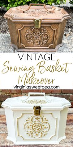 an antique sewing basket makeover with the words vintage sewing basket makeover on it