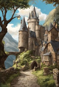 Wizarding World Castle Digital Painting Art Print Fantasy Castle Painting, Old Castle Drawing, Old Castle Aesthetic, Castle Paintings, Castle Concept Art, Painting Castle, Tiny Glade, Fairytale Landscape, Reaching For The Sky