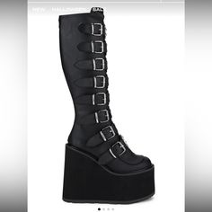 Demonia Trinity Boots From Dollskill. Bought For $90. Size Us 6. Brand New Never Worn Punk Synthetic Boots For Concerts, Gothic Synthetic Boots For Concerts, Punk Style Synthetic Boots With Round Toe, Black Boots For Spring Concerts, Spring Concert Platform Boots With Round Toe, Gothic Round Toe Boots For Spring, Edgy Closed Toe Platform Boots With Buckle, Fitted Leather Platform Boots For Concerts, Edgy Closed Toe Platform Boots With Buckle Closure