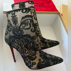 Never Worn Black Gipsy Zippered Booties In Size 36.5 Black Embroidered Lace Over Nude Sheer Mesh. Actually Comfortable For Louboutin. Comes In A Original Box And Dust Bag. Heel Height: 100mm Elegant Party Boots With Embroidery, Embroidered Closed Toe Party Boots, Elegant Embroidered Pointed Toe Boots, Embroidered Heels For Evening, Embroidered Evening Heels, Party High Heel Embroidered Boots, Formal Black Embroidered Heels, Elegant Embroidered Fitted Heels, Black Embroidered Evening Heels