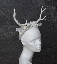 Reindeer Antler Headband Winter Ice Fawn Masquerade - Etsy White Tall Crown Headpieces For Festivals, White Halloween Costume Party Headband, Fantasy White Wedding Headpieces, White Fantasy Wedding Headpieces, White Tall Crown Headpiece For Parties, Adjustable White Headband For Costume Party, Whimsical White Headband, Whimsical White Headband Headpiece, White Fantasy Costume Hat