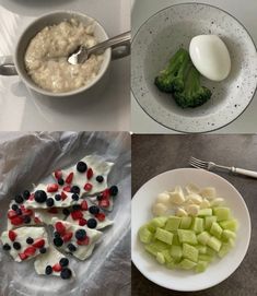 four pictures with different foods in them including rice, broccoli, and blueberries