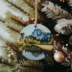 an ornament hanging from a christmas tree with mountains and trees in the background