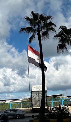 two palm trees are in front of a building with a flag on it's pole