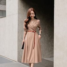 Full Sleeve Long Dress, Empire Waist Dress Pattern, Midi Dress Work, Women's A Line Dresses, Peplum Tops, Belted Midi Dress, Korean Fashion Dress, Dresses Summer, Heidi Klum