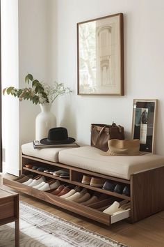 #home #homedecor #interiordesign #decoration #decor #entryway #minimalist Bench Shoes Entryway, Hallway Ideas Bench, Organic Modern Shoe Storage, Shoe Storage With Bench, Hallway Shoe Bench, Shoes Furniture Ideas, Shoe Bench With Storage, Hallway Shoe Storage Ideas Entryway, Storing Shoes Ideas