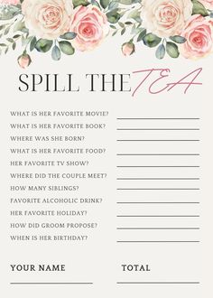 a pink rose themed fill in the blank list