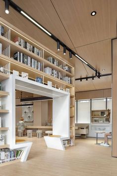 an empty room with bookshelves and shelves full of books on the wall,