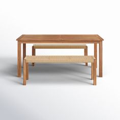 a wooden table and bench on a white background with shadow from the back end to the top