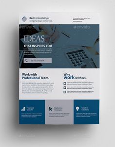 a business flyer template with blue and white colors on the front, it has a calcula