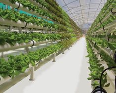 several rows of green plants growing in a large indoor grower system with white pipes