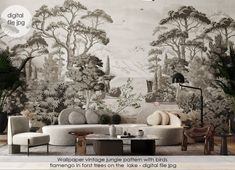 a living room filled with furniture next to a forest wallpapered in black and white