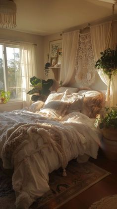 a bed sitting in a bedroom next to a window filled with curtains and plants on top of a rug