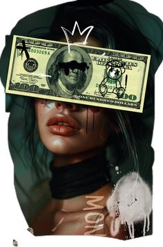 a woman's face is covered by a dollar bill