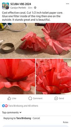 two photos of red tissue paper flowers on the ground