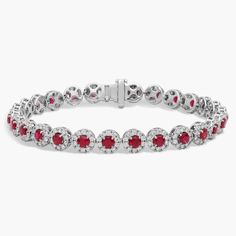 Regal splendor radiates from every angle of this 14k white gold bracelet as strings of round rubies surrounded by delicate diamond halos are set next to one another in a breathtaking display of craftsmanship. Halo Bracelet, White Gold Bracelet, Blue Nile, Diamond Halo, Gemstone Bracelets, Halo Diamond, Gemstone Jewelry, Halo, Gold Bracelet