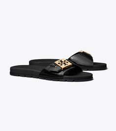 Buckle Slide: Women's Designer Sandals | Tory Burch Designer Slides With Tang Buckle For Summer, Designer Summer Slides With Tang Buckle, Casual Slip-on Slides With Tang Buckle, Casual Tang Buckle Slip-on Slides, Designer Flat Slides With Buckle Closure, Outdoor Slides With Buckle Closure, Footwear Design Women, Designer Sandals, Handbag Shoes