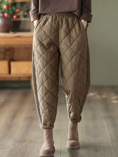 Casual Loose Quilted Solid Color Padded Harem Pants  KHAKI-L Quilted Pants, Black Harem Pants, High Neck Midi Dress, Color Pad, Winter Typ, Seasons Winter, Long Sleeve Bodycon, Pants Color, Black Coffee