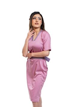 Women's dress: Pink Carnation Soft Dress for Multi events Easy Slip closure Bold V neck collar Belt for more comforts Pockets at both sides Size    Bust   Waist Length  Hips Across         Sleeve                                                                         Shoulder        Length L  40.0    36.0    36.0      42.0  15.0         18.0 Ind    S            M              L              XL US     4            6               8             10 Fabric Cotton glaze soft Care: Dry cleaning recommendation  Care: Dry cleaning recommended Fitted Knee-length Pink V-neck Dress, Pink Fitted Knee-length V-neck Dress, Pink Fitted V-neck Dress With Short Sleeves, Elegant Pink Knee-length V-neck Dress, Formal Pink V-neck Dresses, Elegant Pink Short Sleeve V-neck Dress, Elegant Pink V-neck Short Sleeve Dress, Fitted Mauve V-neck Dress, Pink V-neck Dress For Summer Formal Occasions