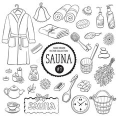 the set of hand drawn sauna items for spas and beauty products, black and white