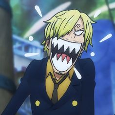 an anime character with yellow hair and fangs on his face