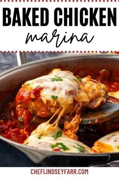 baked chicken marina in a skillet with text overlay