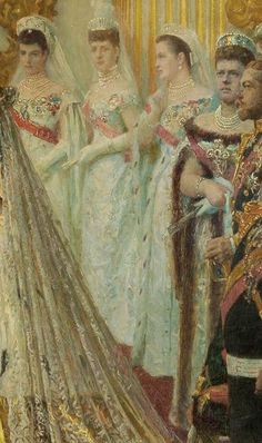 an image of a painting of people dressed in wedding dresses and tiaras standing next to each other