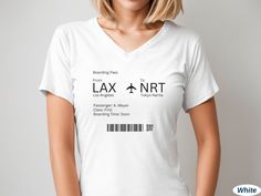 This custom Boarding Pass shirt is the perfect outfit for your next trip. The design is printed on a soft, light, unisex Bella+Canvas 3005 (V-Neck) short-sleeve tee. It will be personalized with your departure/arrival airport code & city & passenger name. For any further special requests, just drop me a message before placing an order. Get one t-shirt for yourself or as a gift for your travel-loving friend! DETAILS * Material: 100% Airlume combed and ring-spun cotton (fiber content may vary for different colors) * Light fabric (4.2 oz/yd² (142 g/m * Text/graphic color: black or white (see photo section) * Unisex * Soft and comfortable * Retail fit  * Runs true to size Note:  * Any cuffs and knots are for styling purposes only. * Shirt colors may differ slightly from the photos due to diffe White Graphic Print T-shirt For Travel, White Letter Print Top For Travel, White Crew Neck T-shirt For Travel, White Graphic Print Top For Travel, White Cotton Top For Travel, Airplane Ticket, Gift For Traveler, Text Graphic, Travel Gifts