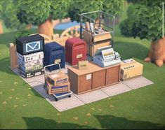 an animated image of mailboxes and boxes on the ground in front of trees