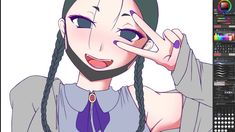 an animated woman with braids and blue eyes making a hand gesture to her face