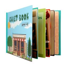 an open book with pictures of buildings and trees on the front cover is shown in three different colors