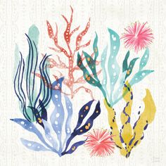 watercolor painting of seaweed and corals on white paper with blue, pink, yellow