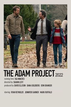 the adam project movie poster with two men and a young boy walking in front of them