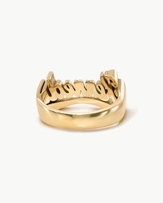 Spell it out in solid gold. While nameplates have no singular origin, much of the nameplate jewelry you see today stems from the iconic Fulton Street in Brooklyn during the 80s and 90s. Today, we pay homage to this legacy with a modern approach and bold, spirited design which we are honored + excited to share. This ring is made in 14k gold and is intentionally designed completely solid (no hollow rings here). With each ring weighing in around 9-12 grams, they boast a distinctive weight you can f Modern Nameplate Jewelry For Anniversary, Modern 14k Gold Nameplate Jewelry, Modern 14k Gold Collectible Jewelry, Collectible Modern 14k Gold Jewelry, Modern Yellow Gold Nameplate Jewelry, Nameplate Jewelry, Nameplate Ring, Historical Concepts, Fulton Street