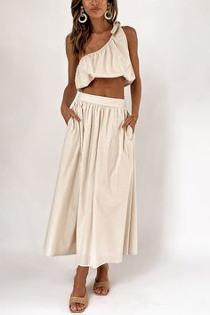 One Shoulder Crop Maxi Skirts Set Skirt Two Piece, Velvet Hoodie, Cropped Wide Leg Pants, Mid Length Skirts, Maxi Skirts, Women Set, Two Piece Dress, Fashion Colours, One Piece Swimwear