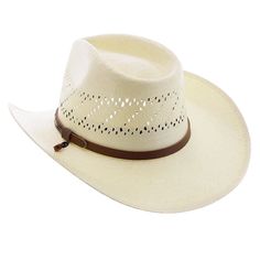 Soft touch construction; 100% shantung straw; 4 1/4" vented crown; 3 1/2" flared brim; Leather hat band; Adjustable chin cord; Cotton sweatband, unlined White Adjustable Sun Hat, White Single Vent Sun Hat For Summer, White Single Vent Straw Hat For Western-themed Events, Western Style Adjustable Fedora For Summer, Adjustable Fedora For Rodeo With Single Vent, Fitted Sun Hat For Kentucky Derby, Summer Straw Hat For Western Events With Single Vent, Fitted Sun Hat For Kentucky Derby At Ranch, Western Style Adjustable Fit Summer Fedora