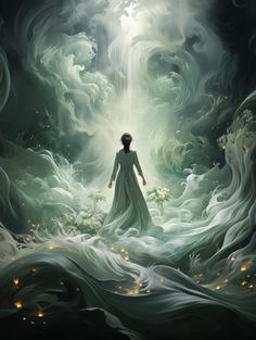 a woman standing in the midst of an ocean with clouds and stars above her, surrounded by flowers