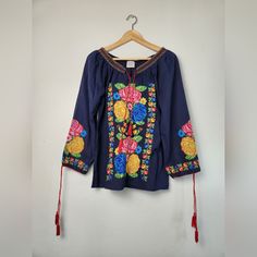 Nwot Women's Medium Blouse Multicolor Folk Top For Fall, Multicolor Long Sleeve Peasant Blouse, Folk Style Long Sleeve Tops For Spring, Peasant Style Pink Top For Fall, Multicolor Long Sleeve Peasant Top For Spring, Blue Folk Top For Spring, Blue Folk Style Top For Spring, Pink Folk Style Top For Spring, Blue Folk Style Blouse For Spring