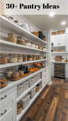 Bright white walk-in pantry with open shelving and baskets, offering a fresh and organized storage solution for any kitchen size. Long Narrow Pantry, Creating A Pantry, Beautiful Pantries, L Shaped Pantry, Pantry Storage Ideas, Rustic Pantry, Beautiful Kitchenware, Beautiful Pantry, Country Kitchen Ideas