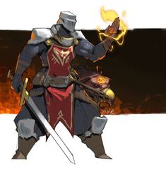 a man in armor holding two swords with flames coming out of the back ground behind him